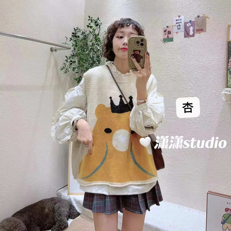 Cartoon Pattern Knit Shirt Vest Women's Spring and Autumn New Large Loose Top Versatile Casual Sweater Camisole