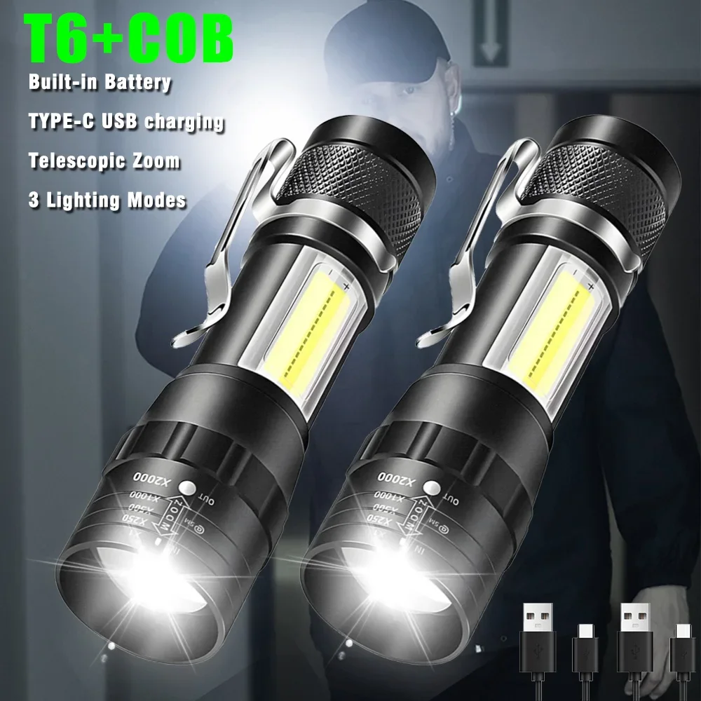 USB Rechargeable Mini Flashlight COB+XPE Portable Built-in Battery Zoomable Small Torch 3 Mode Camping Emergency Flashlights