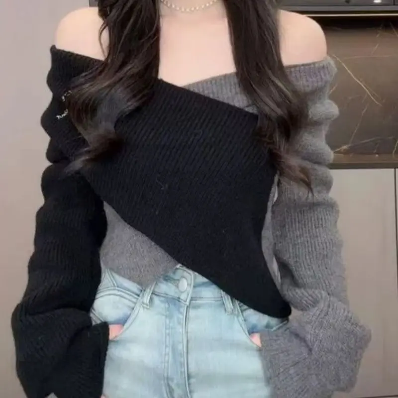 Elegante camicetta asimmetrica in maglia con scollo a V e maniche svasate per le donne Abbigliamento casual slim fit moda primavera autunno