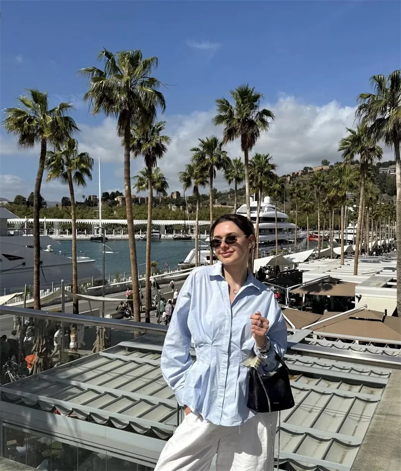 Women's Shirt 2026 Summer New Style Solid Color Long Sleeve Pleated Decoration Waist-Tied Loose Shirt Casual Vacation Unique