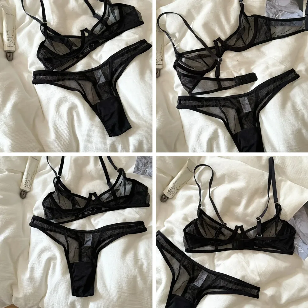 

Sexy Black Lace Bra & Panty Set for Large Bust, Breathable Mesh Underwear with Stretch