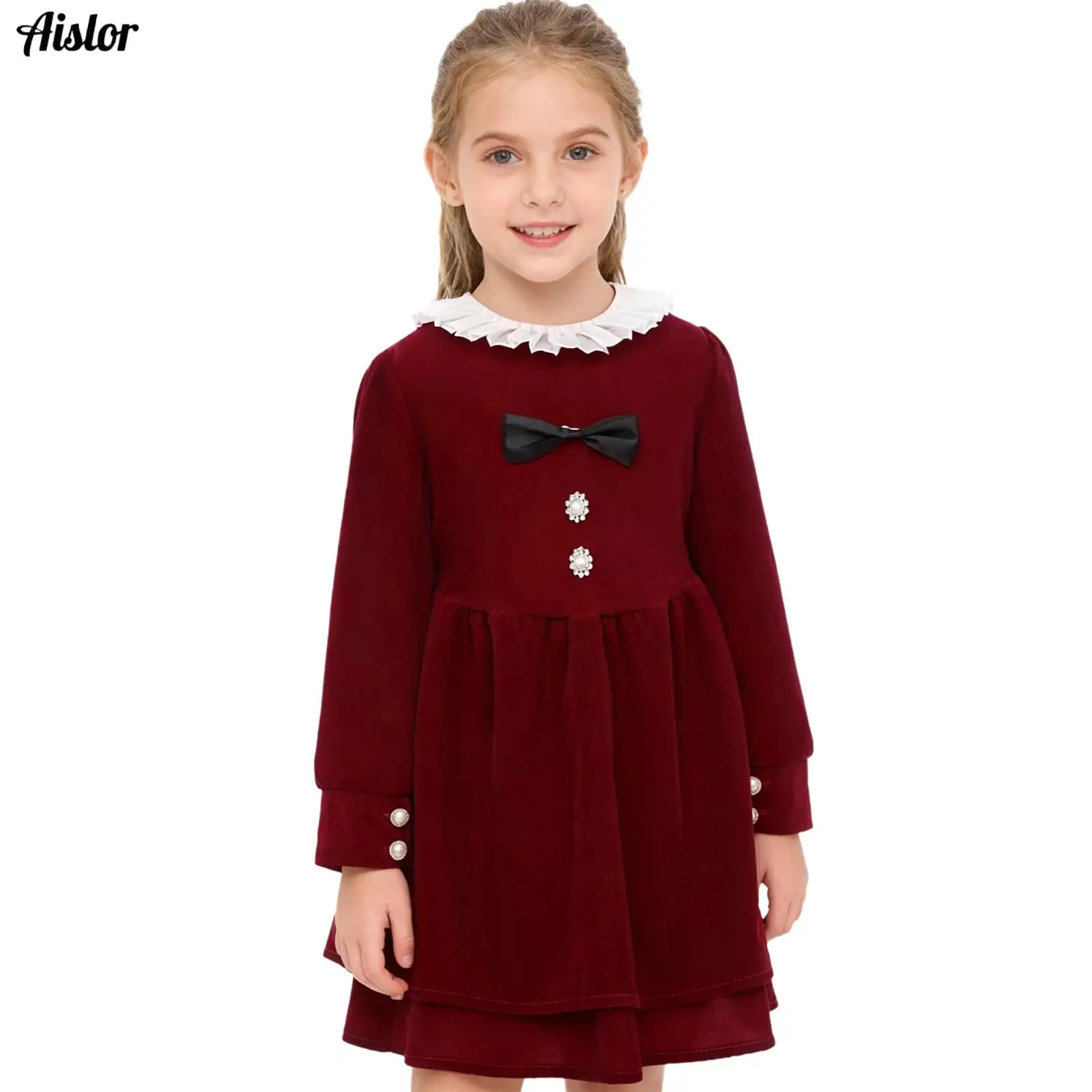 

Kids Girls Christmas Dresses Cute Bow Pleated Collar Long Sleeves Back Zipper Velvet Dress for Evening Birthday Party Dress Gown