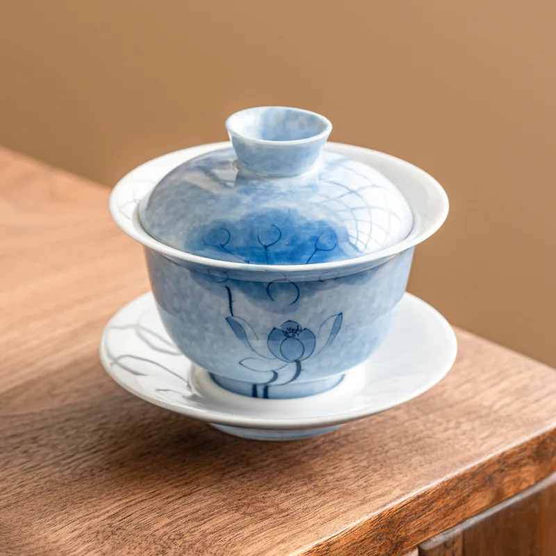 Hand-painted Blue Lotus Three Cover Bowl Ceramic Kung Fu Tea Cup Anti-ironing Single Tea Set Tea Bowl With Cover Large