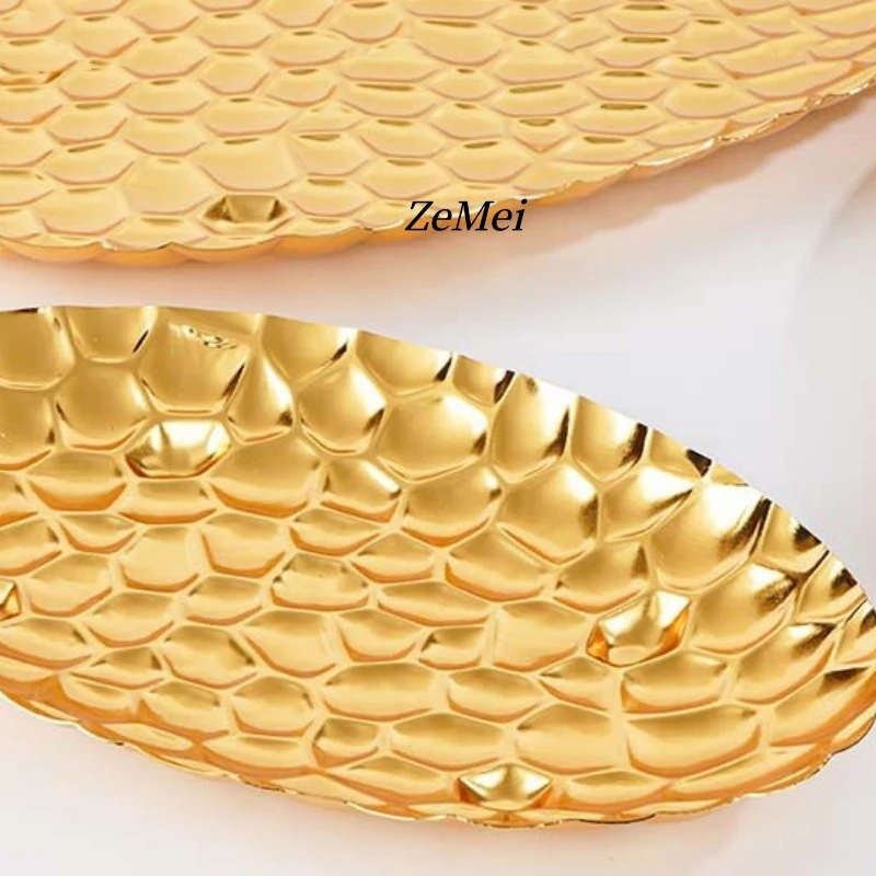 Elliptical Fruit Plate, European-Style Exquisitely Carved Hammer Texture Metal Cake Tray, Home Dessert Snack Plate Decoration view 2
