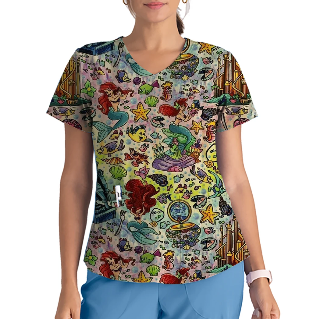 2025 الصيف المرأة ممرضة موحدة تي شيرت ديزني الكرتون الحيوان ميكي ماوس طباعة الخامس الرقبة جيب فرك فضفاض التمريض موحدة