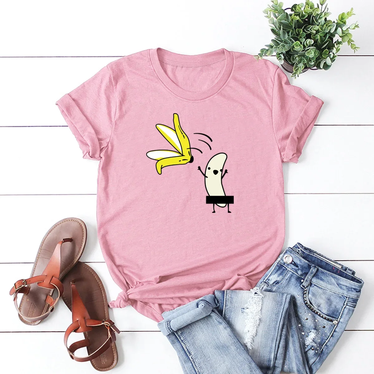 Hot European and American Funny Banana Undress Short-sleeved Women's T-shirt Tops  Oversized T Shirt