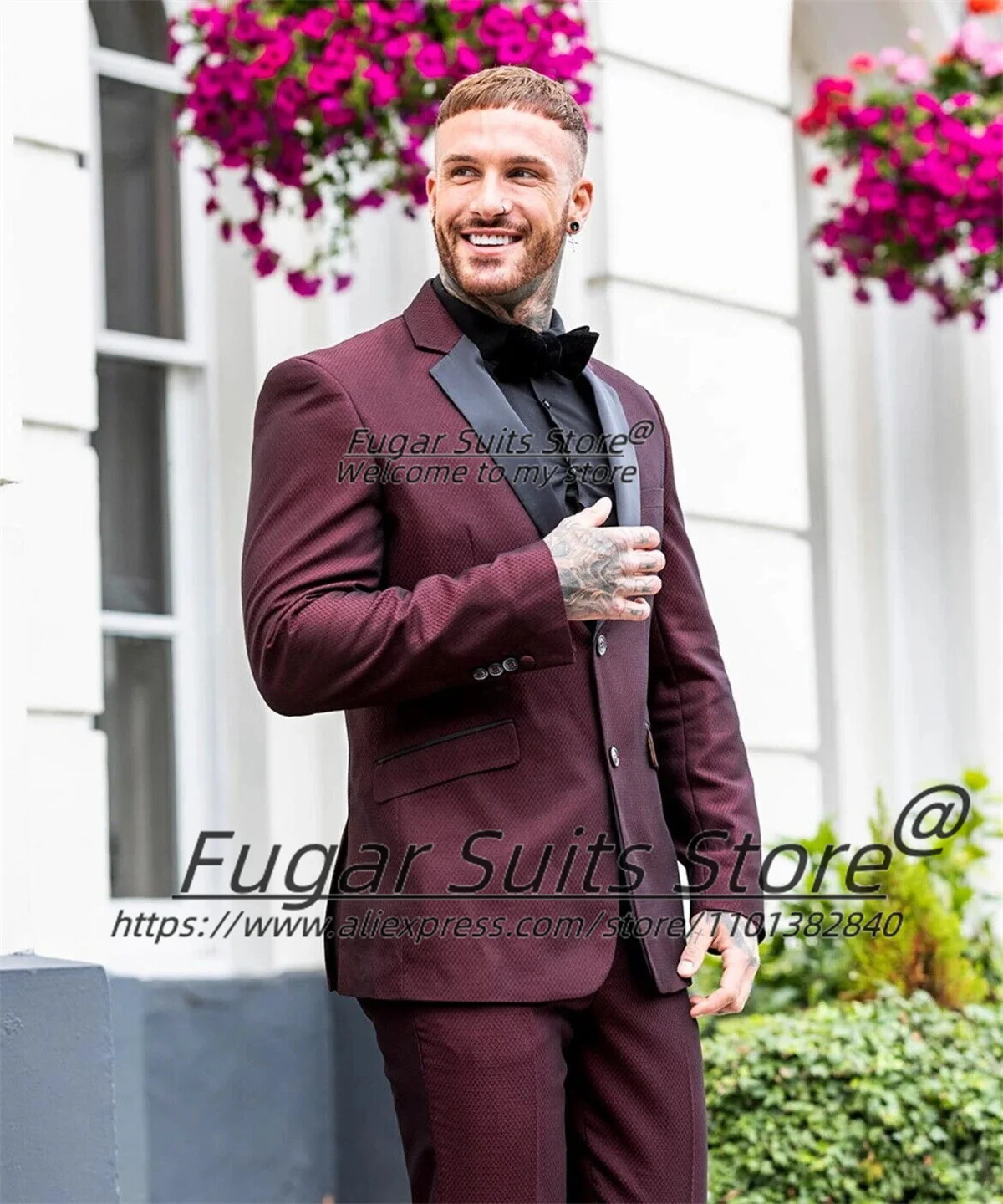 

Wine Red Elegant Men Suits Custom Slim Fit Notched Lapel Groom Formal Tuxedos 2 PCS Sets High Qublity Male Blazer Costume Homme