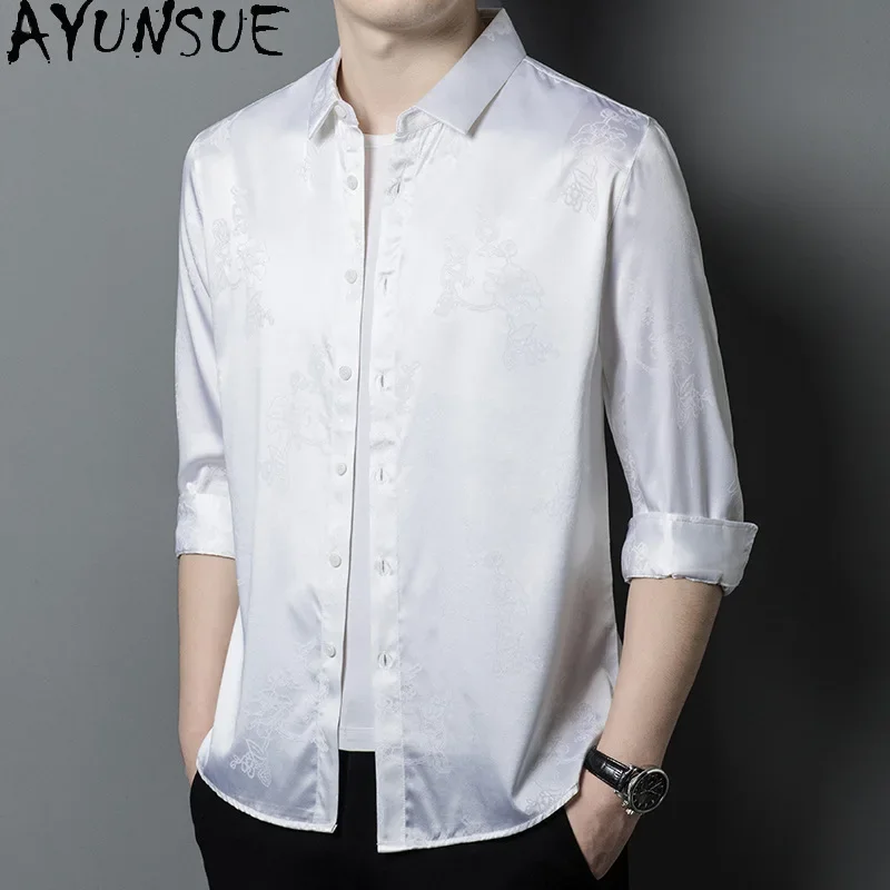 SYUNSUE 92.4% Mulberry Silk Mens Shirts Long Sleeve Shirt Spring Men Clothing Camisa De Hombre Jacquard Shirt Fashion Tops 2025