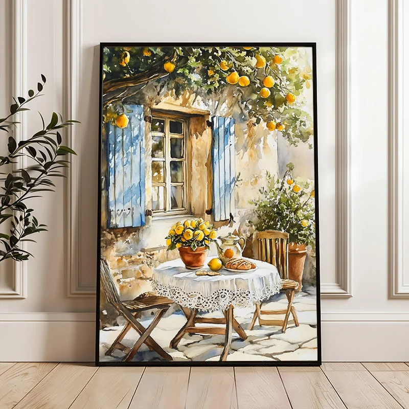 2D Flat Frameless Rustic Mediterranean Courtyard Wall Art, Watercolor Lemon Tree Terrace Print, French Country Decor,  for Home