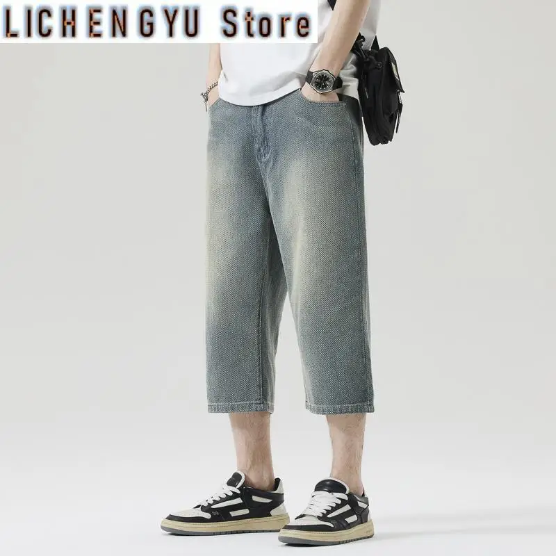 

Male Short Jeans Summer Lightweight Baggy Straight Cut Cropped Pants American High Fashion Wide Leg denim Shorts