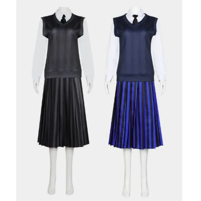 The Addams Family Wednesday Cosplay Costume Girl School Black Uniforms Woman Halloween Clothes Full Set with Wig & Dress