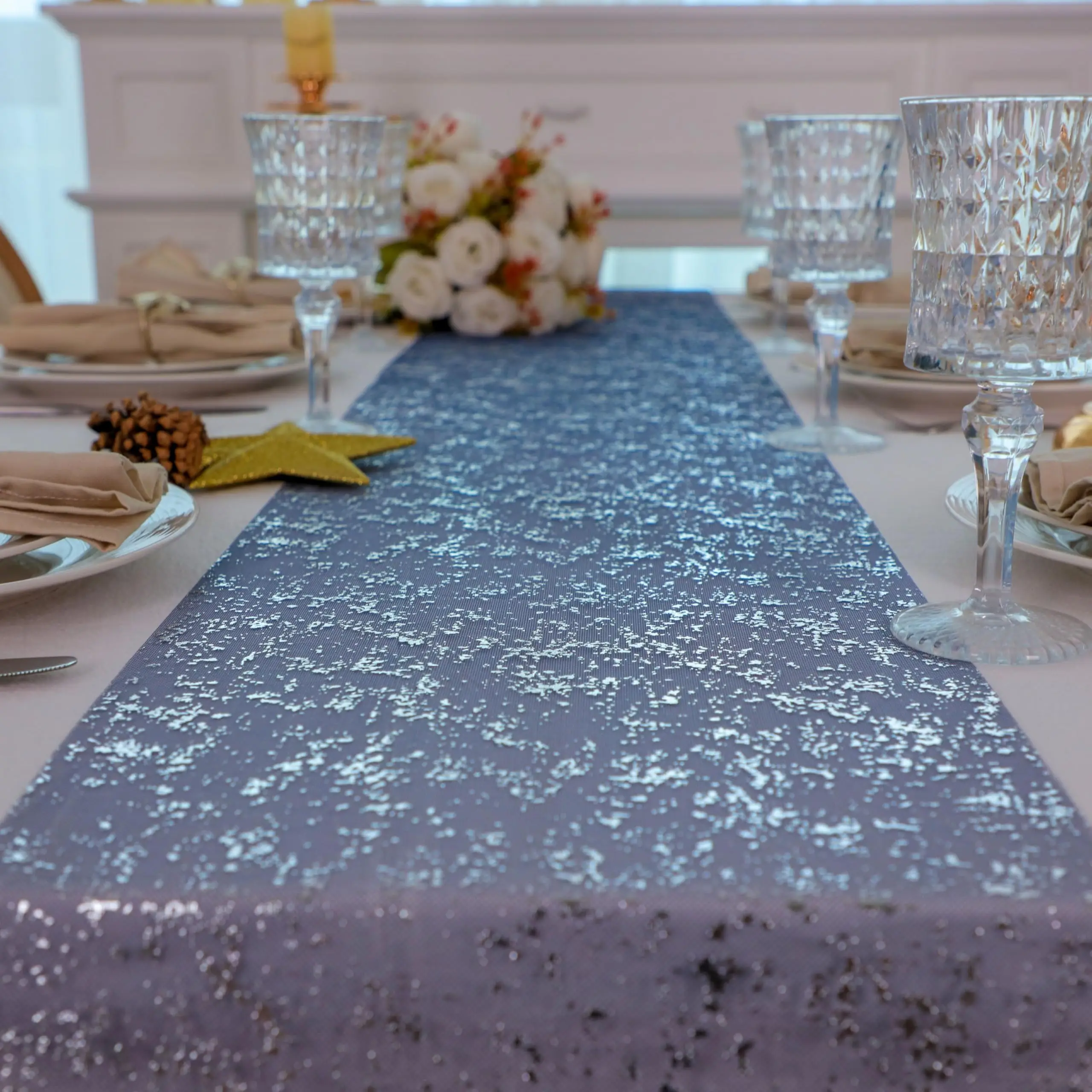 2Pcs Navy Blue Silver Table Runner Sparkly Party Decor Glitter Metallic Foil Sheer Mesh Runner for Elegant Party Table Decor