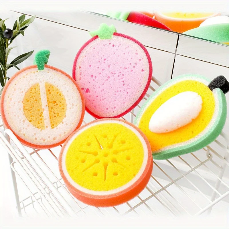 4pcs Fruit Type Thickened Sponge Wipe Scouring Pad Multi-functional Decontamination Cleaning Dishwashing Sponge
