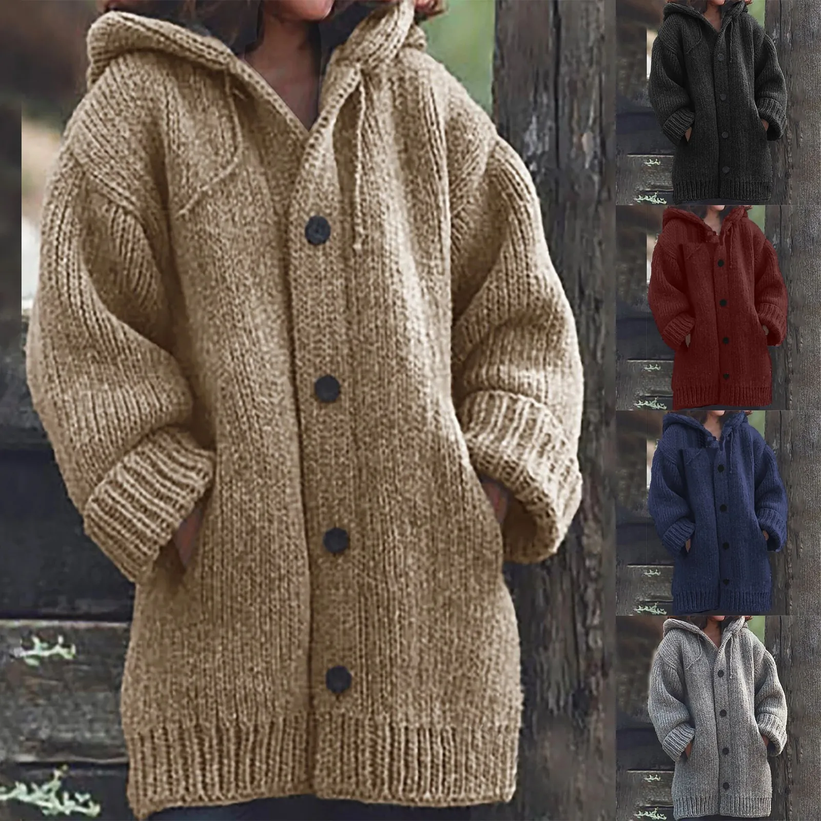 Solid color cardigan sweater for women plush and thick autumn and winter hooded and minimalist jacket Pocket Shawl for wome