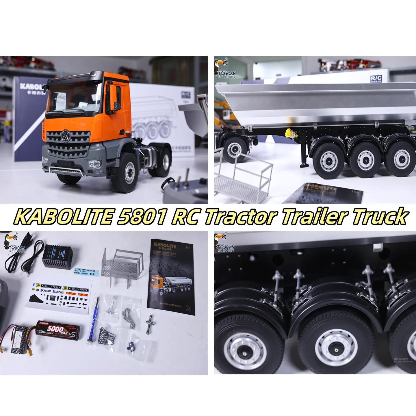 1/14 Kabolite 5801 RC Tractor Truck 4X4 With 3Axles Electric Lifting Dump Trialer 2.4G RC Truck Cars Light Sound Model Toys