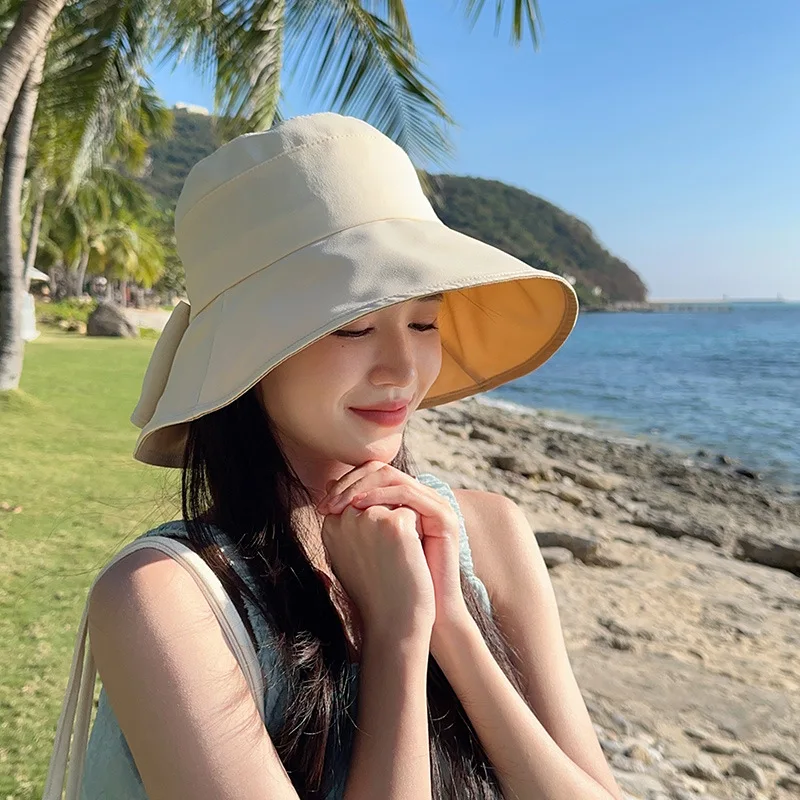 

Summer fisherman hat, versatile casual sun hat, big bow wide brim fisherman hat for women outdoor sun shade.