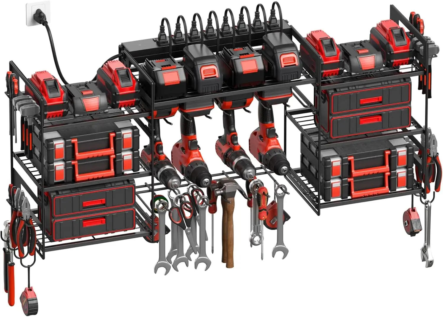 

Large Wall Mount Tool Organizer with Charging Station, 8 Outlets and Shelves for Drills and Batteries