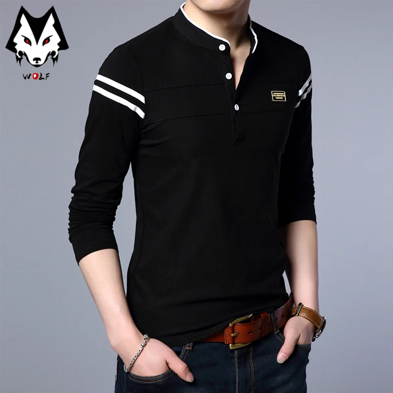 Men\'s Fashion Summer Long Sleeved POLO T-shirt Casual Cotton Breathable Top Stand Up Neck Long Sleeve Korean Comfortable Shirt