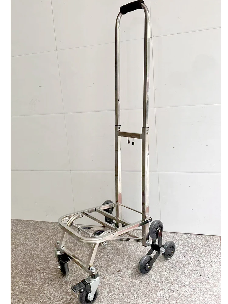 Stainless Steel Portable Folding Luggage Cart with Brake Large Wheels Universal Wheel Trolley Cart Handheld Pulling Truck