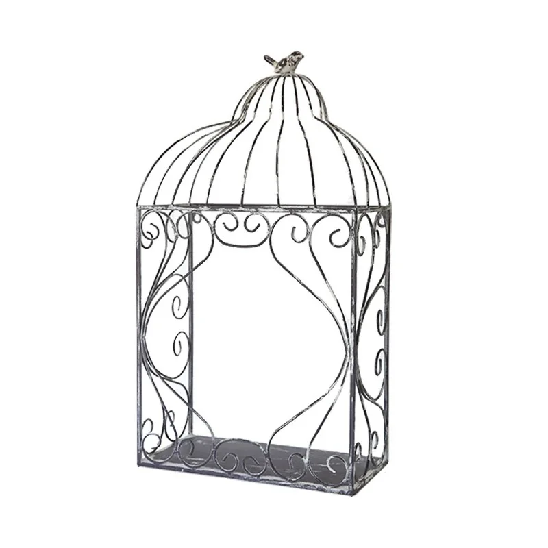 Vintage Metal Bird Cage Wall Mount Shelf, Decorative Iron Hanging Display Rack, Antique Style, 64cm x 35cm x 17.5cm