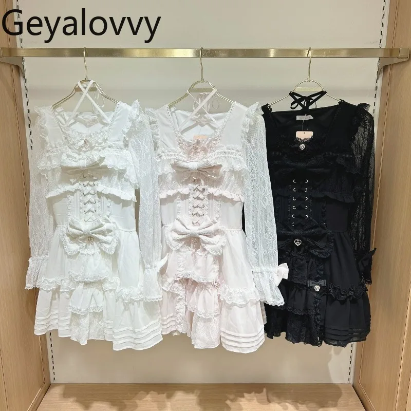 

Новое поступление! Хит продаж! Короткое кружевное платье с рюшами в японском стиле для весны и лета, с длинным рукавом, для стройных девушек.