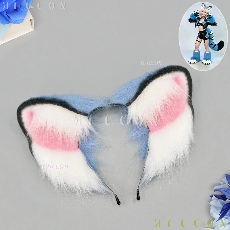 Derpyy Blue Tiger Fursuit Ears Tail Set Soft Faux Fur Messenger Tiger Beast Ears Cosplay Halloween Furry Convention Party view 4