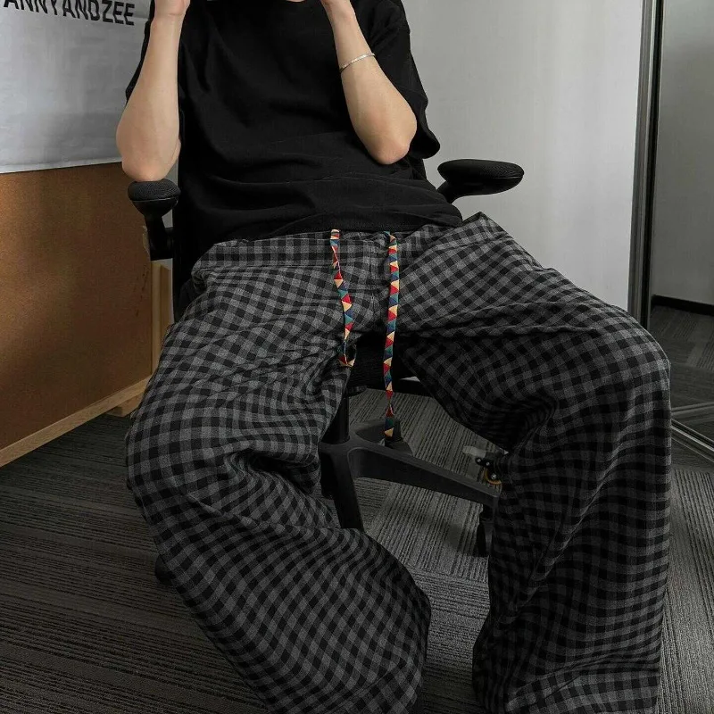 

Vintage Vintage Pants Men's Black and Gray Plaid Pants Autumn New Japanese Retro Lazy Casual Straight Pants