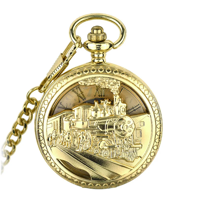 

Locomotive Hollow Flip Retro Golden Tone Train Design Steampunk Case Men's Hand Wind Mechanical Movement Pocket Watch w/ Chain