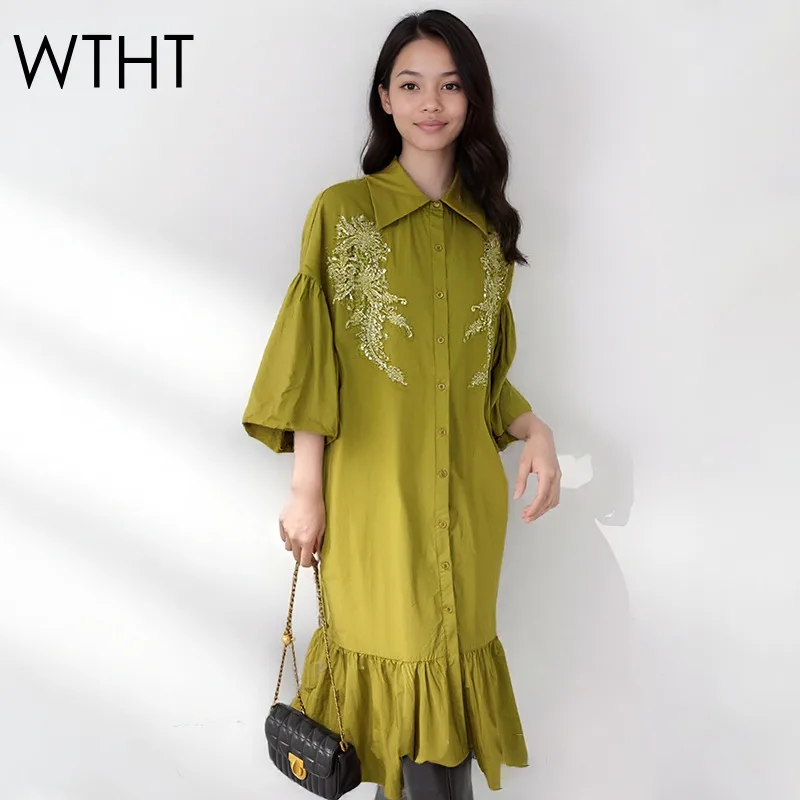 Modna sukienka koszulowa damska z koronką i cekinami, kolekcja wiosna 2026, z kołnierzykiem i krótkim rękawem, model 1LS2811