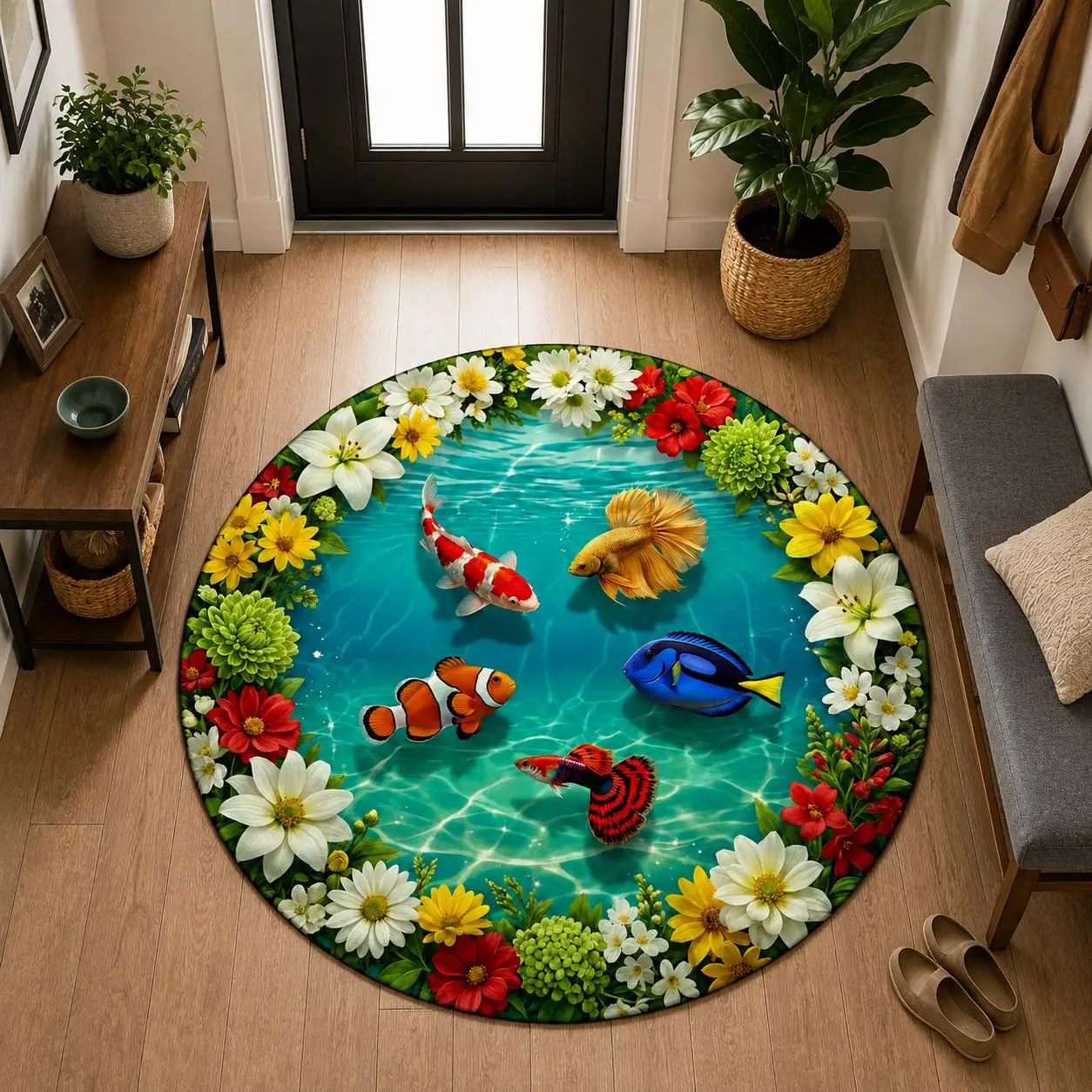 Koi Fish Lotus Pond Round Rug Ideal Home Decor Entrance Cloakroom Study Room Bedroom Living Room Floor Mat Area Rug Mat