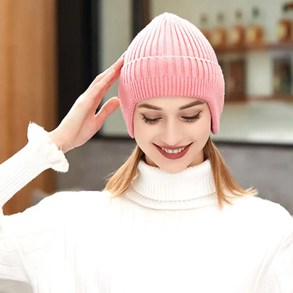 Unisex Wool Knit Beanie Cap with Earflap for Cold Weather Outdoor Winter Warm Knitted Beanie Hat Ear Flaps for Cycling Skiing
