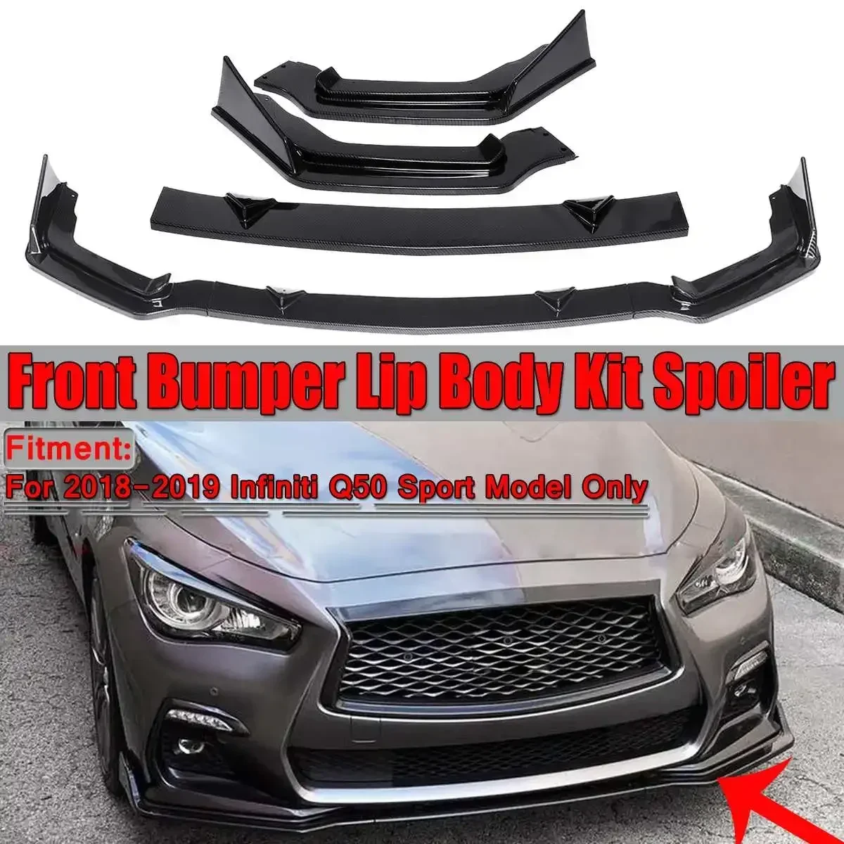 3PCS Carbon Fiber Look Detachable Car Front Bumper Lip Spoiler Splitter Diffuser For Infiniti Q50 2018 2019 Sport Model Body Kit