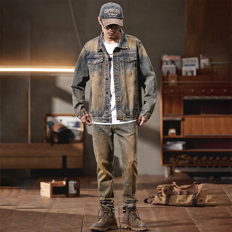 High quality European and American casual denim suit men's high street retro loose jacket plus size workwear set  men clothing