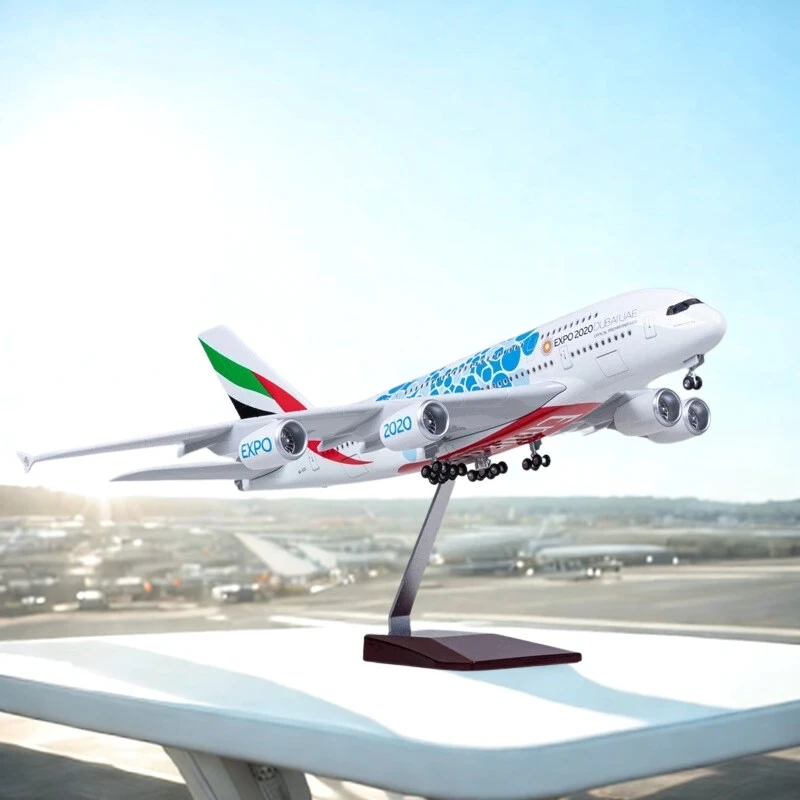 

47cm A380 Emirates World Expo Airline 1/160 Scale Resin Toy Airplane Model With Lights Landing Gear Aviation Resin Model Gift By