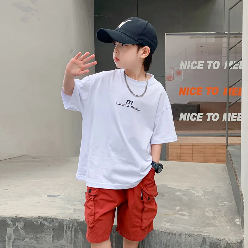 

Fashion Brand Loose White Cotton Half SleeveTT-shirt Boy Summer Clothing2024New Children's Short Sleeve Middle and Big Children'