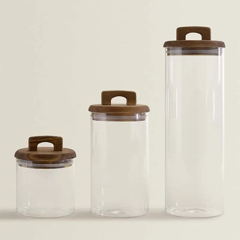 Glass Food Storage Tank with Wooden Lid Kitchen Coffee Beans Candy Tea Grains Canister Home Snacks Storage Jar