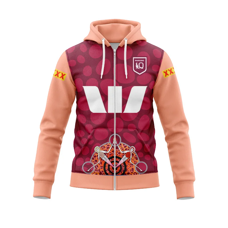 Queensland Maroons 2024 Mens Aboriginal Jersey Replica Zip Hoodie (Custom name and number )