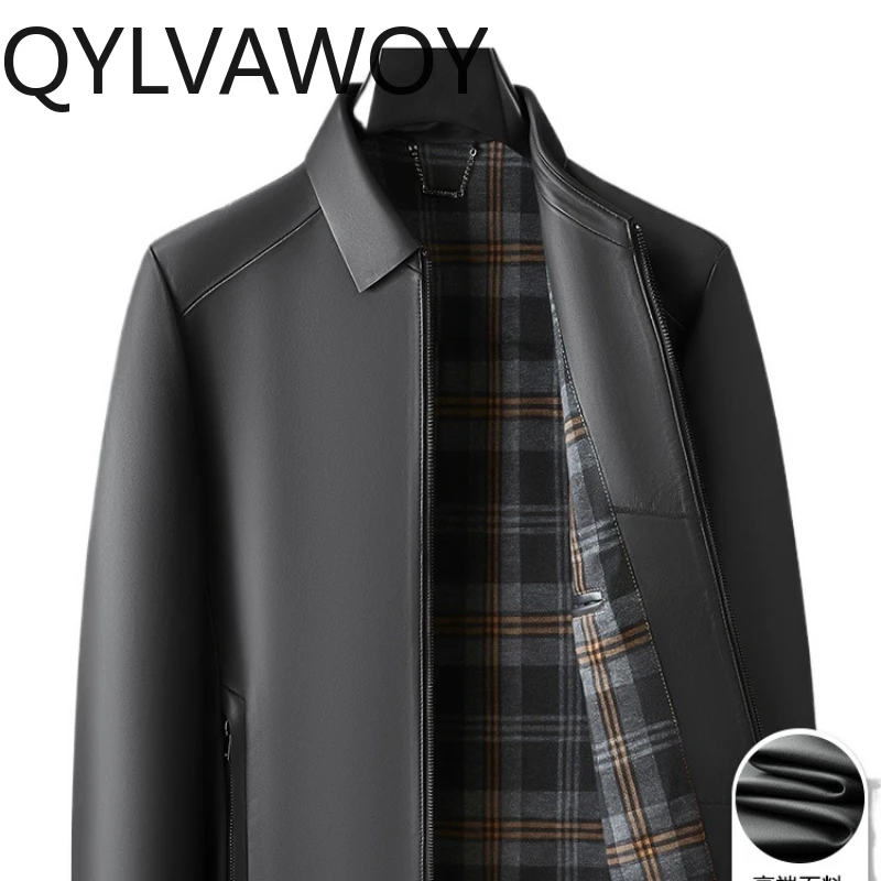 

QYLVAWOY 2025, осенне-зимняя мужская куртка из овчины с лацканами, деловая повседневная верхняя одежда для папы kurtka skórzana męska LJ2619