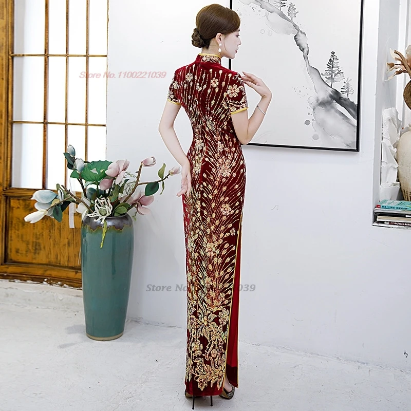 2025 abito tradizionale cinese vintage migliorato cheongsam fiore nazionale ricamo paillettes velluto qipao abito da performance sul palco