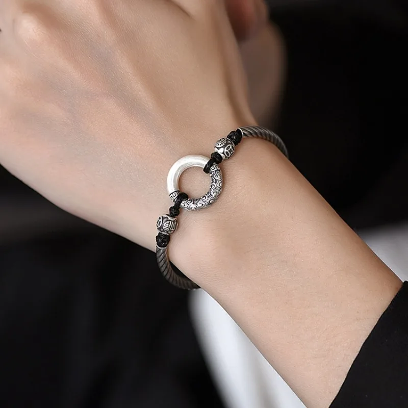 New in silver 925 Auspicious Cloud circular ring bracelet for women Retro Black Braided bangles charms Couple style fine Jewelry