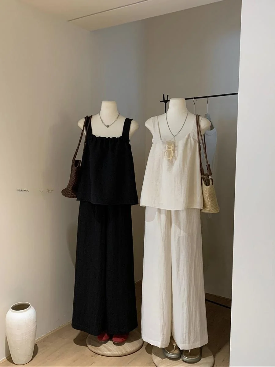 

Korean Sle Svel Strap Vest Outerwear Wide Leg Pants Two Piece Set Women's Faionable Casual Cotton Spring Summer