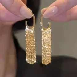 Long Metal Chain Tassel Drop Earrings for Women, Gold Color, Bling, Wedding, Ms Daily Fashion Jewelry