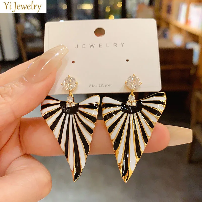 Black White Striped Fan Shape Drop Earrings Gold Plated Enamel Dangle Earrings for Women Office Lady Daily Commute Outfit