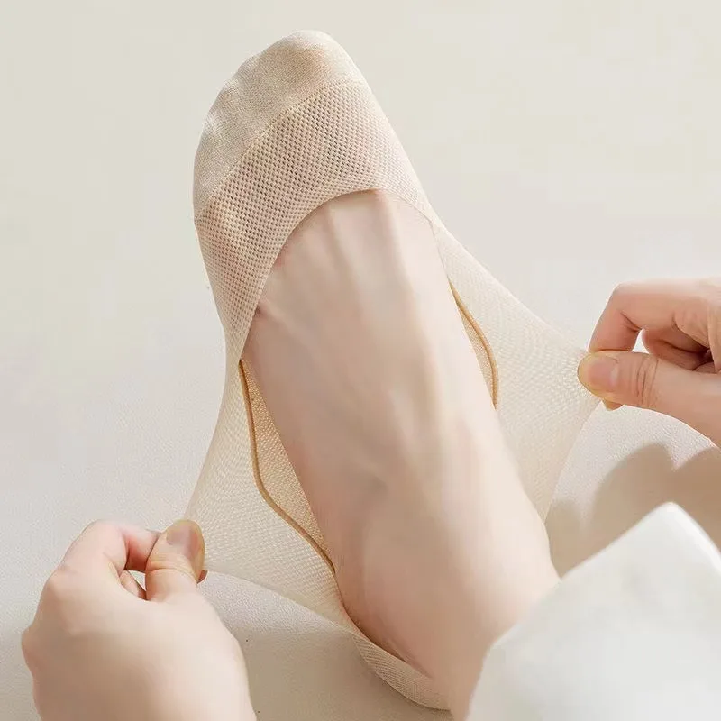5 Pairs/Set Cotton Bottom Boat Mesh Socks Women Non Slip Summer Thin Ice Silk Non Fall Invisible Socks for High Heel Shoes