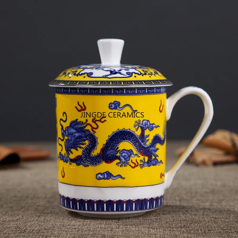 Chinese Jingdezhen Bone China Ceramic Large Cups with Cover Drinkware Porcelain Mug Meeting Gift Office Mug about 500ml
