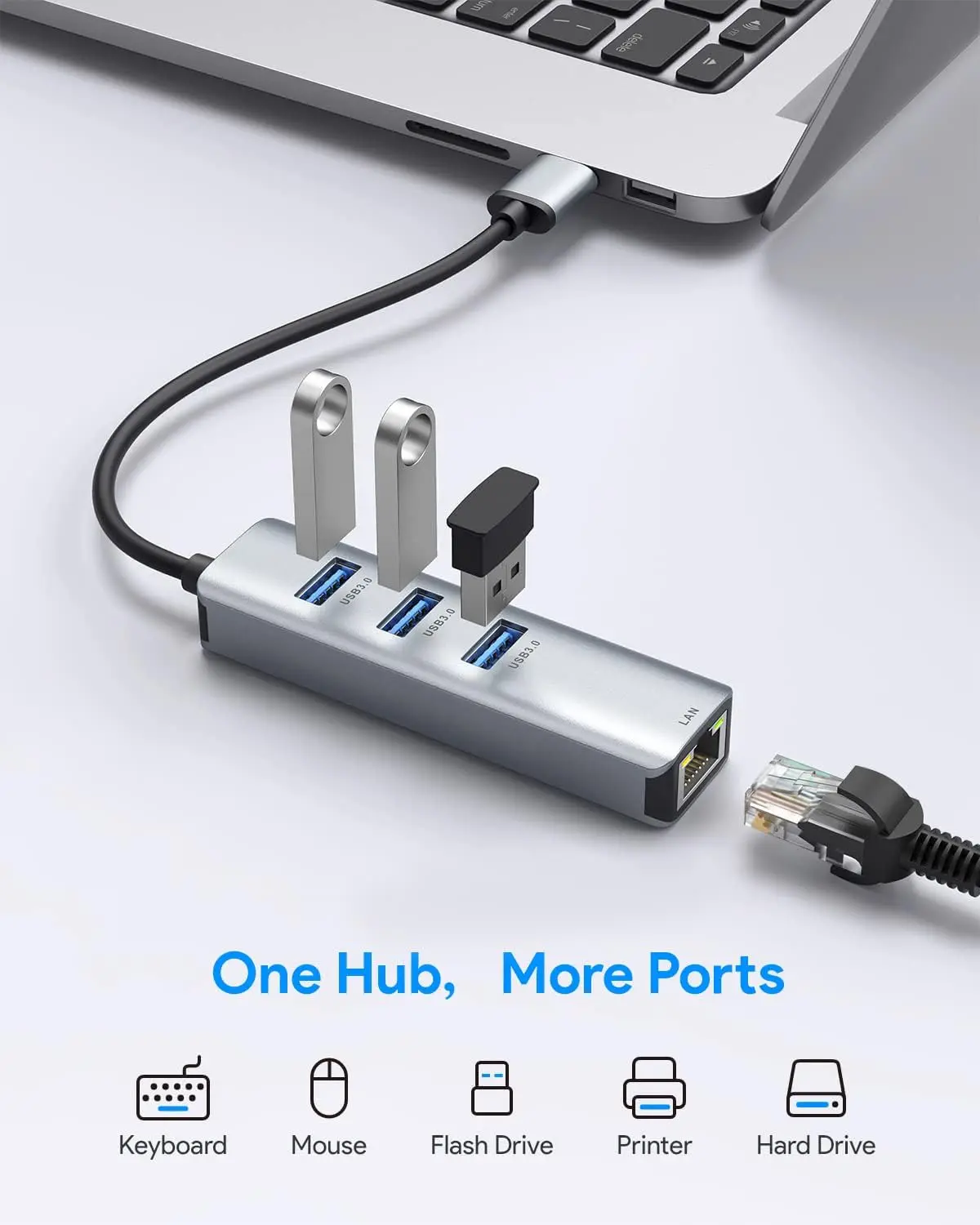 5PCS 3-Port USB 3.0 Hub + Gigabit Ethernet Adapter 10/100/1000 Mbps For PC/Mac/Chromebook/Linux