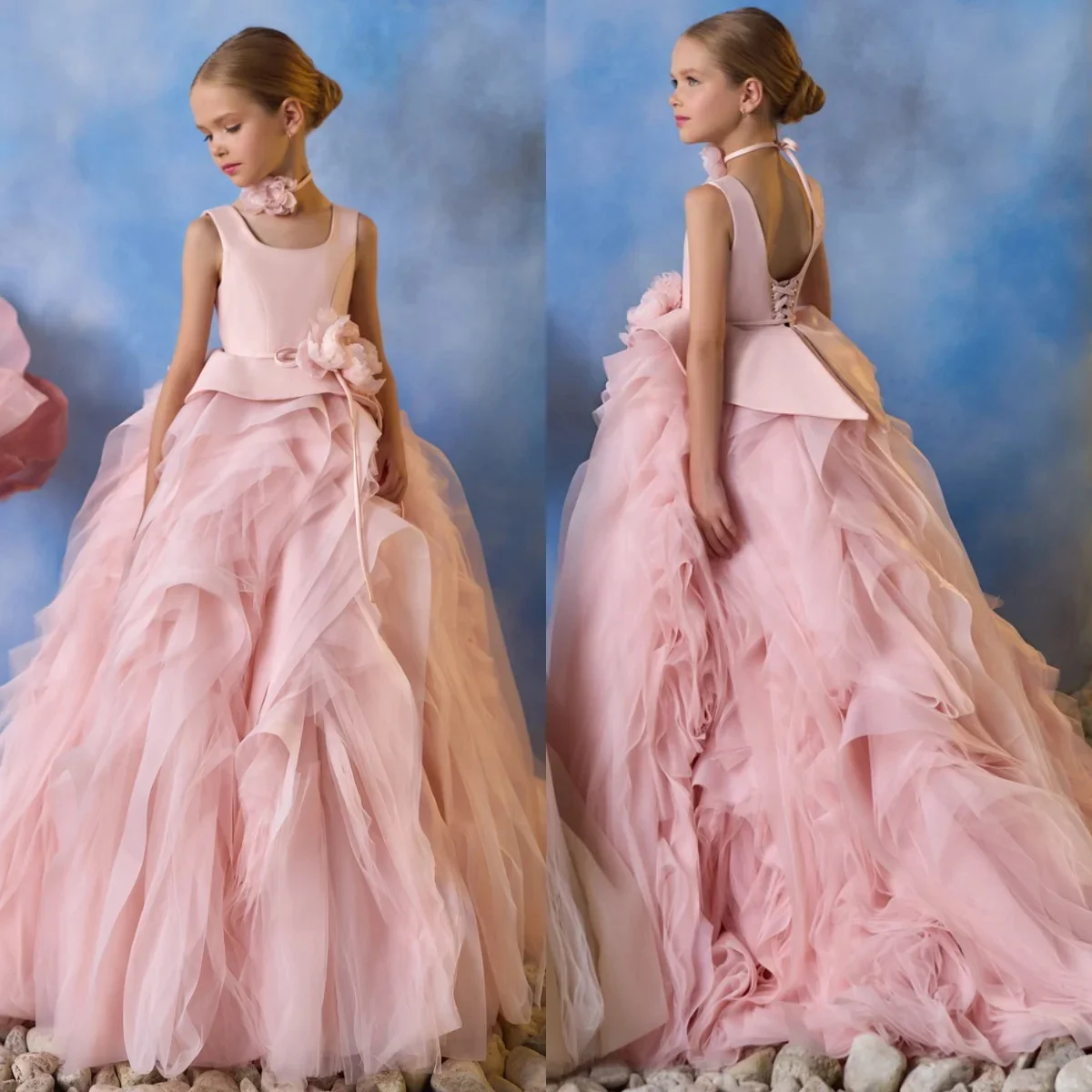 Princess Pink Flower Girl Dress for Wedding Sleeveless Satin Puffy Kids Birthday Party First Communion Ball Gowns Custom