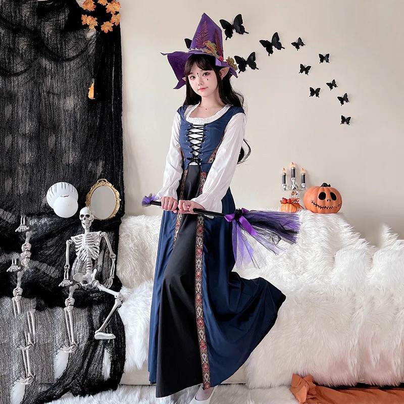 loween Vintage Court Sorcière Longue Dr Performance Médiévale Artistique Rural Sle Costume pour Femme Scène Traditionnelle Chinoise...