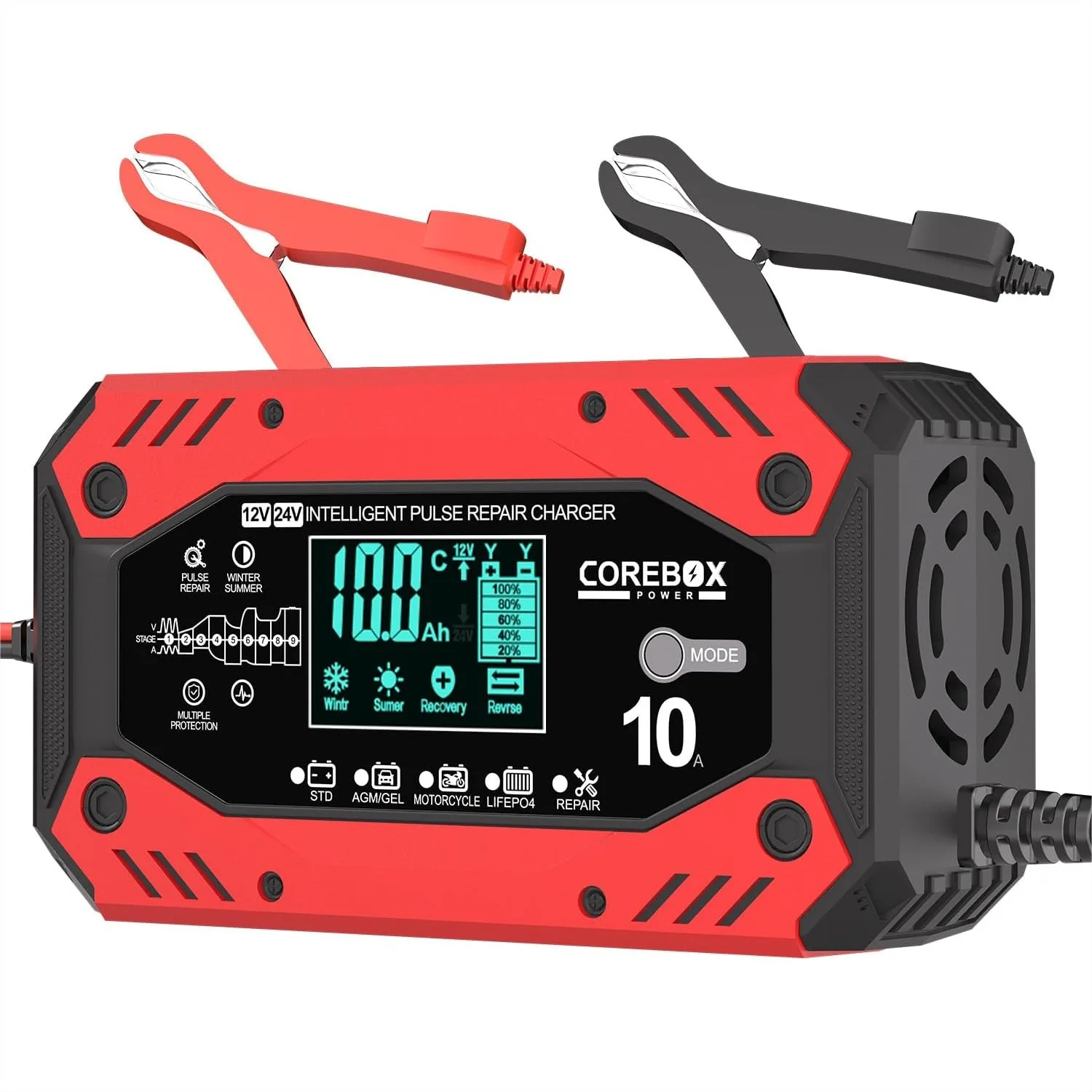 

10-Amp Smart Battery Charger for Car with Temperature Compensation and LCD Display