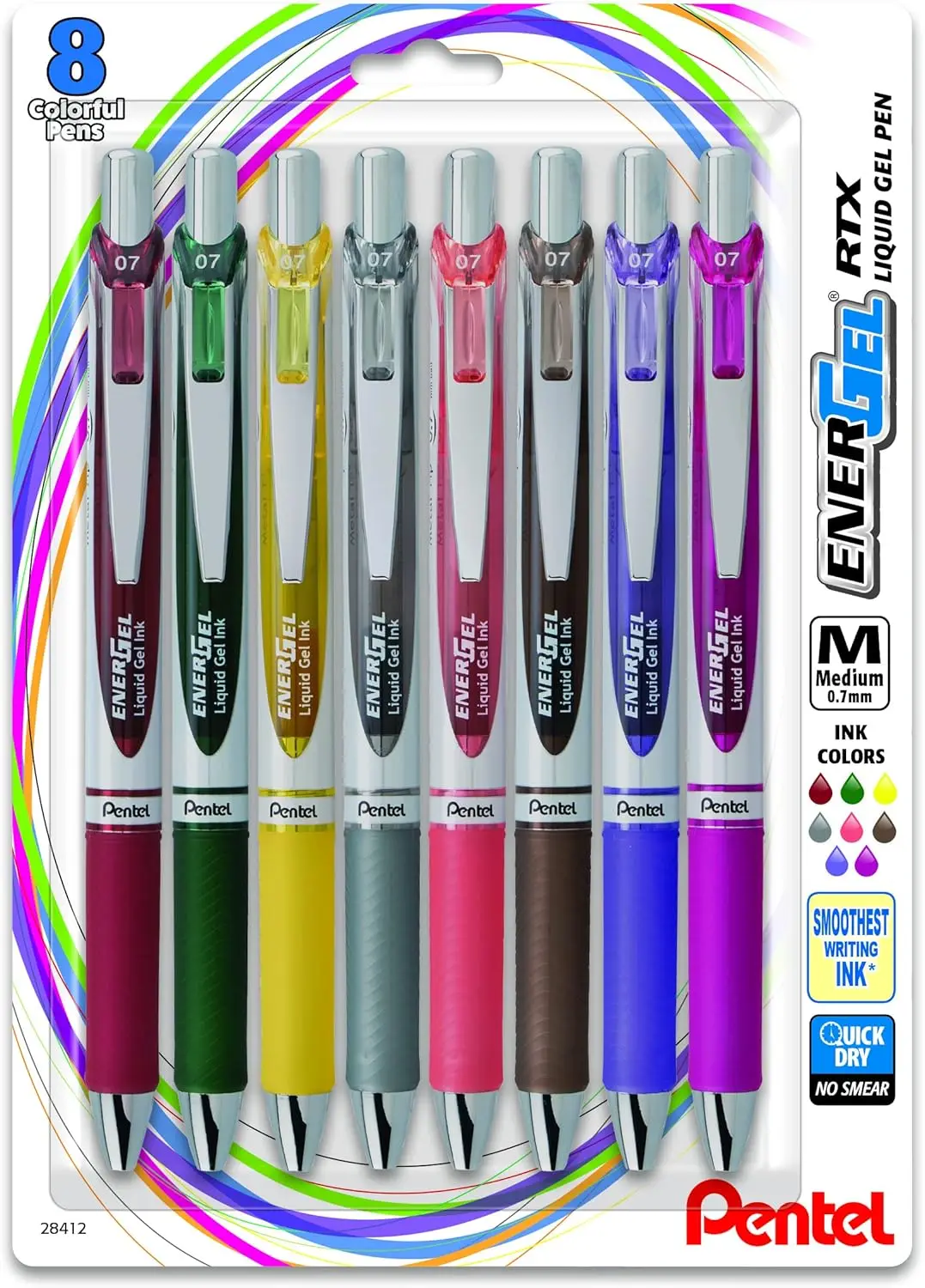 

Retractable Liquid Gel Pens, 0.7mm Medium Point, Assorted Colors, 8-Pack, Fast-Drying Ink, Smooth Writing, Metal Tip, Comfort Grip